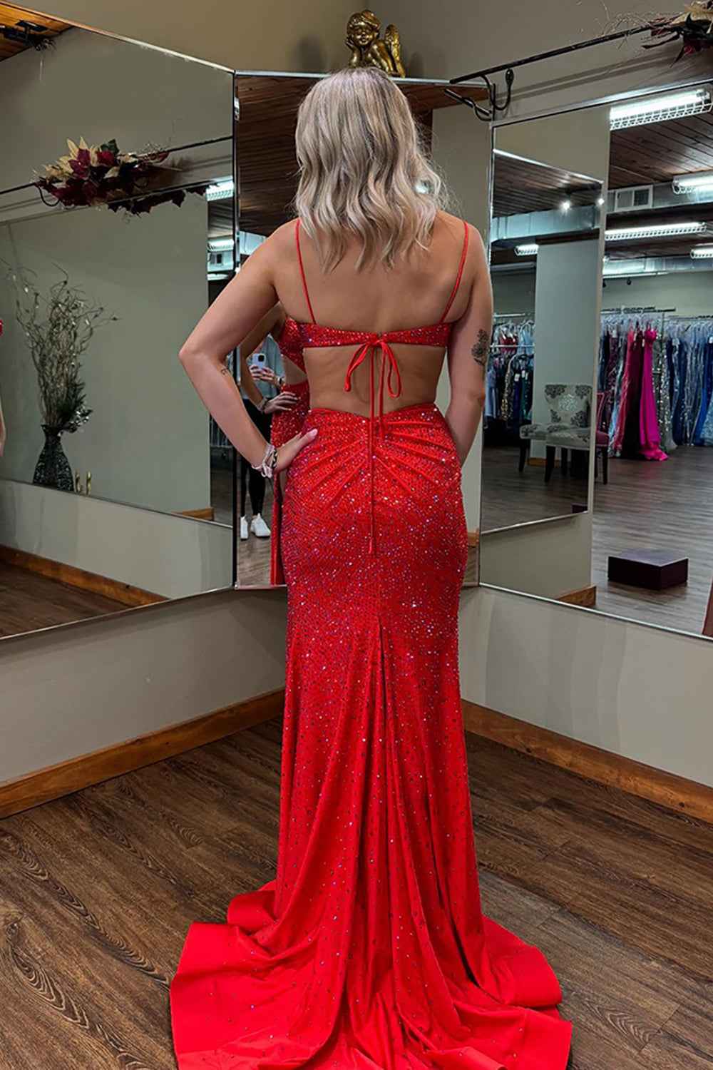 Sparkly Red Satin Mermaid Prom Dress With Cut Out Beading