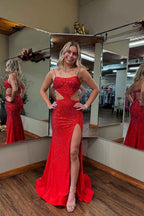 Sparkly Red Satin Mermaid Prom Dress With Cut Out Beading