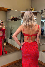 Sparkly Red Satin Mermaid Prom Dress With Cut Out Beading