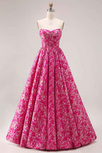 Fuchsia Floral Jacquard Strapless Corset Prom Ball Gown