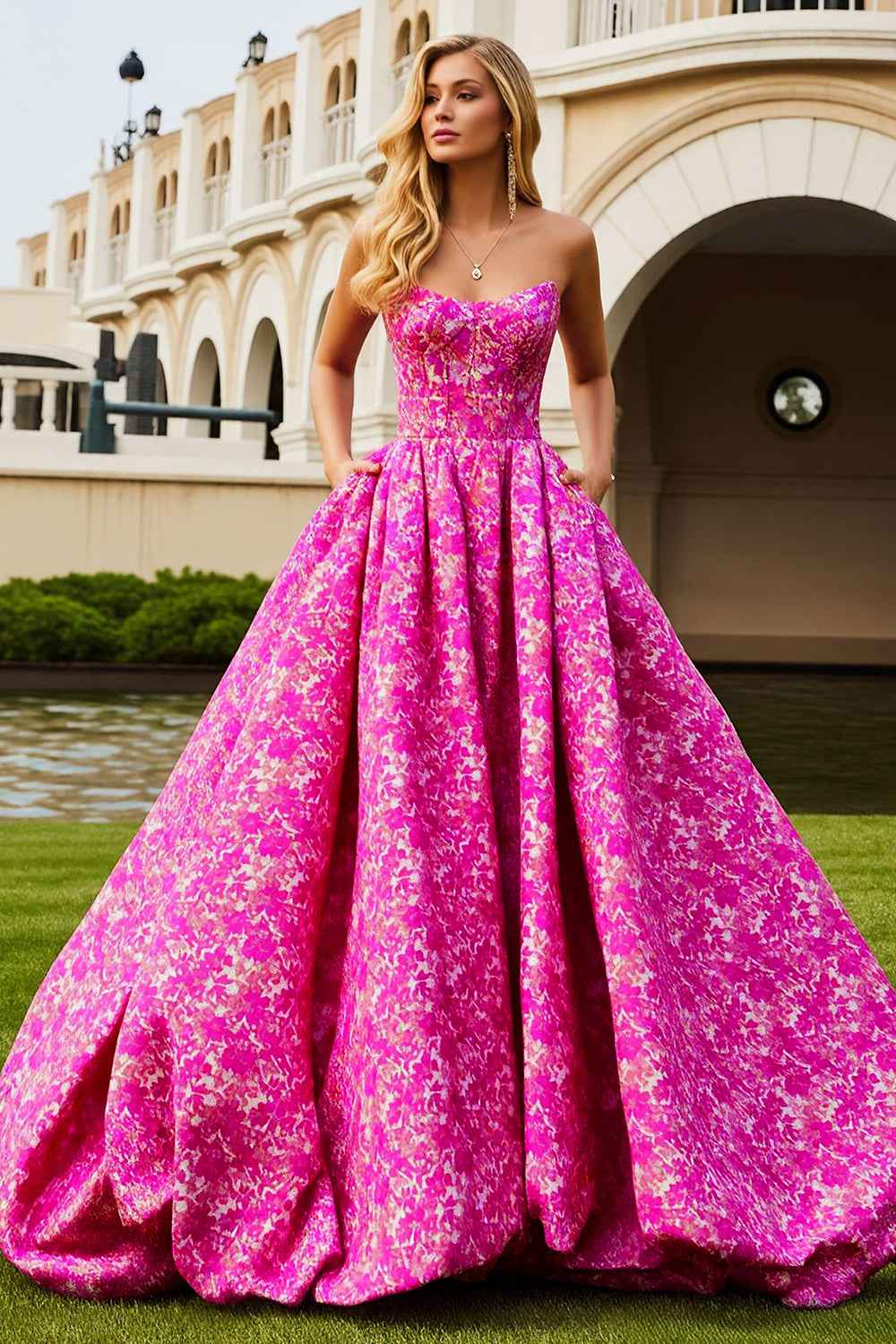 Fuchsia Floral Jacquard Strapless Corset Prom Ball Gown