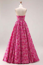 Fuchsia Floral Jacquard Strapless Corset Prom Ball Gown
