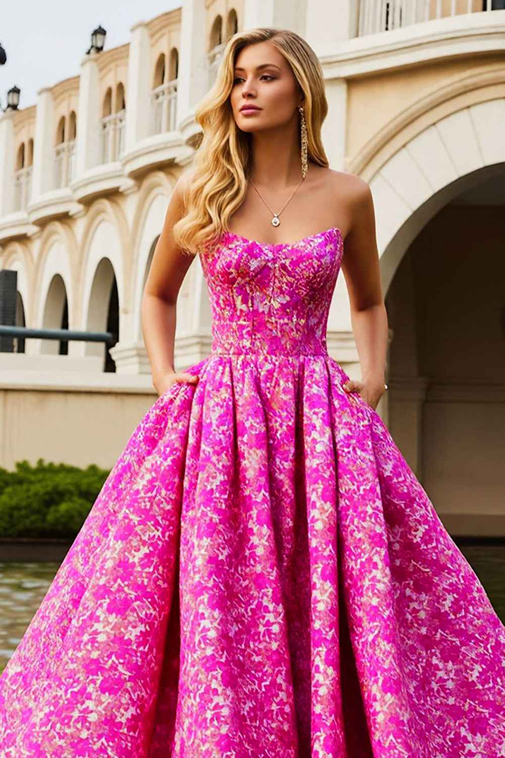 Fuchsia Floral Jacquard Strapless Corset Prom Ball Gown