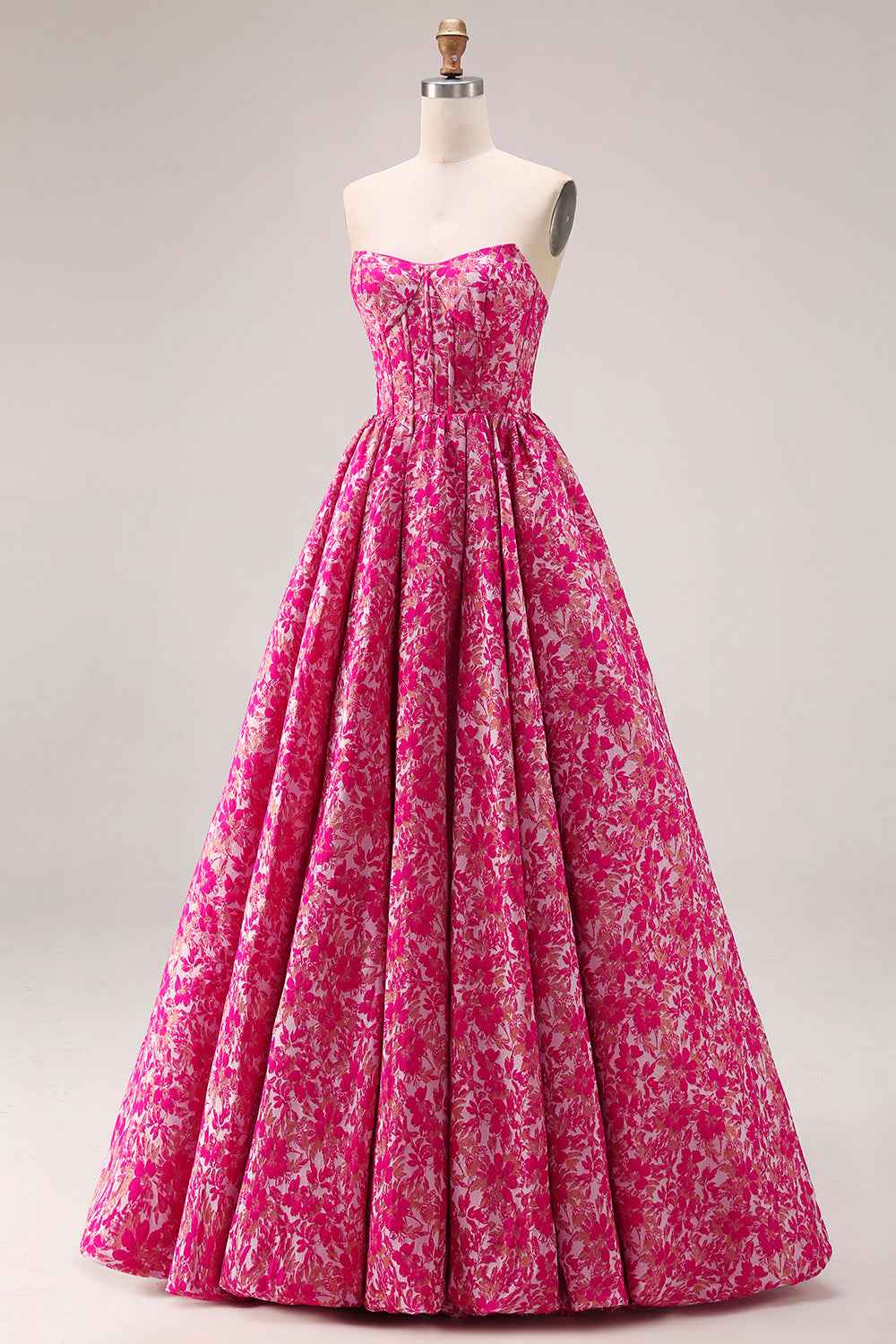 Fuchsia Floral Jacquard Strapless Corset Prom Ball Gown