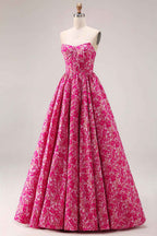 Fuchsia Floral Jacquard Strapless Corset Prom Ball Gown
