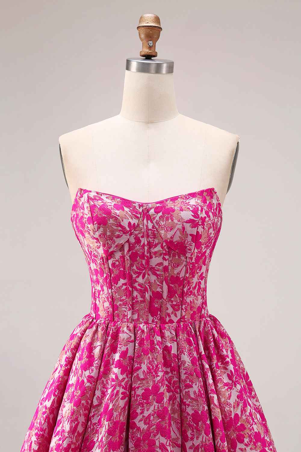 Fuchsia Floral Jacquard Strapless Corset Prom Ball Gown