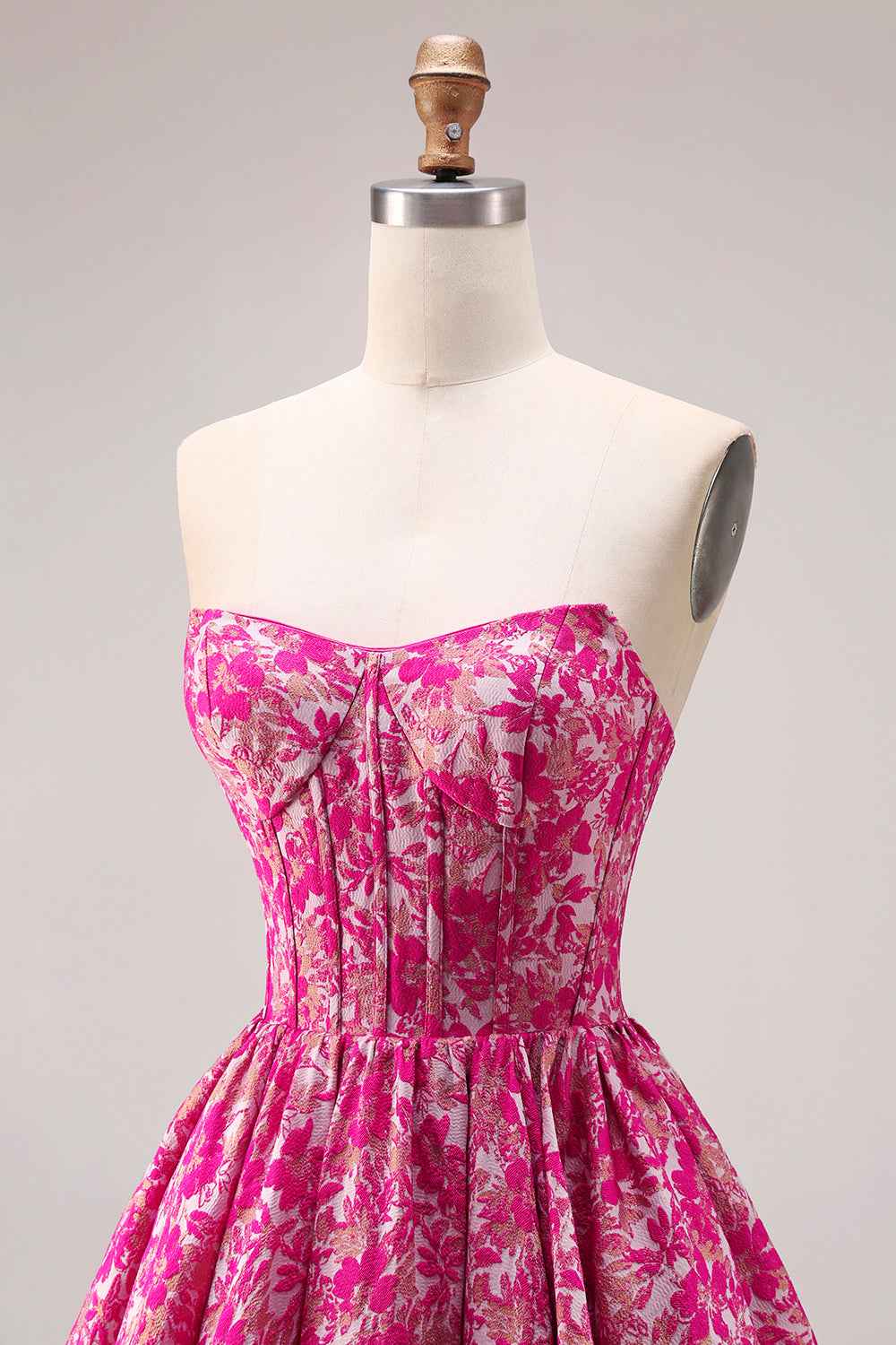 Fuchsia Floral Jacquard Strapless Corset Prom Ball Gown