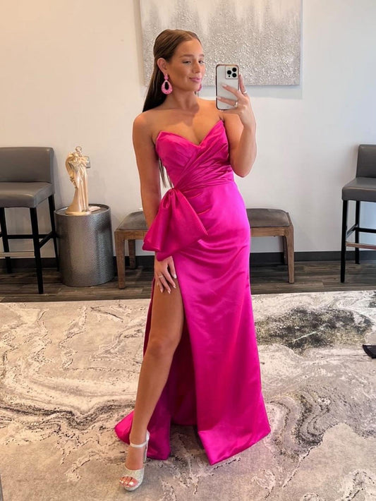 Vestido de fiesta largo de satén sin tirantes de sirena con pajarita