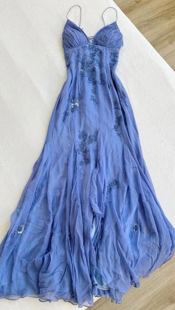 Vestido largo azul de gasa con tirantes finos elegante para fiesta de gala y velada Y7457