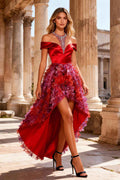 Red Halter High Low Prom Dress With Beaded Bodice