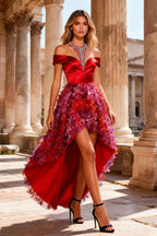 Red Halter High Low Prom Dress With Beaded Bodice