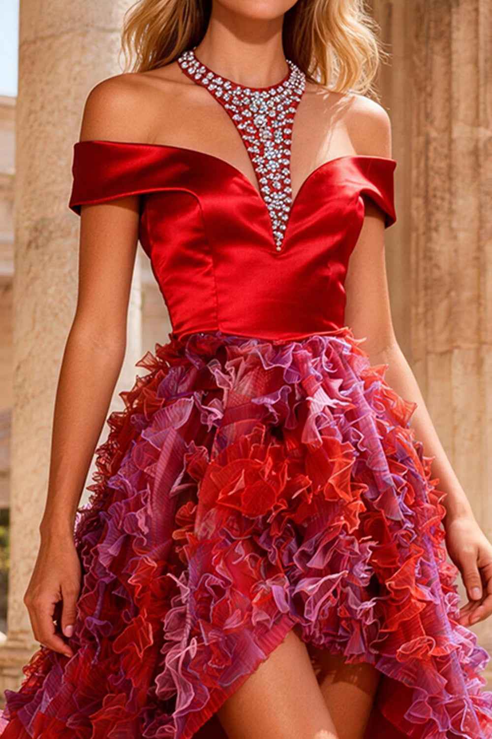 Red Halter High Low Prom Dress With Beaded Bodice