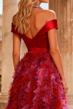 Red Halter High Low Prom Dress With Beaded Bodice