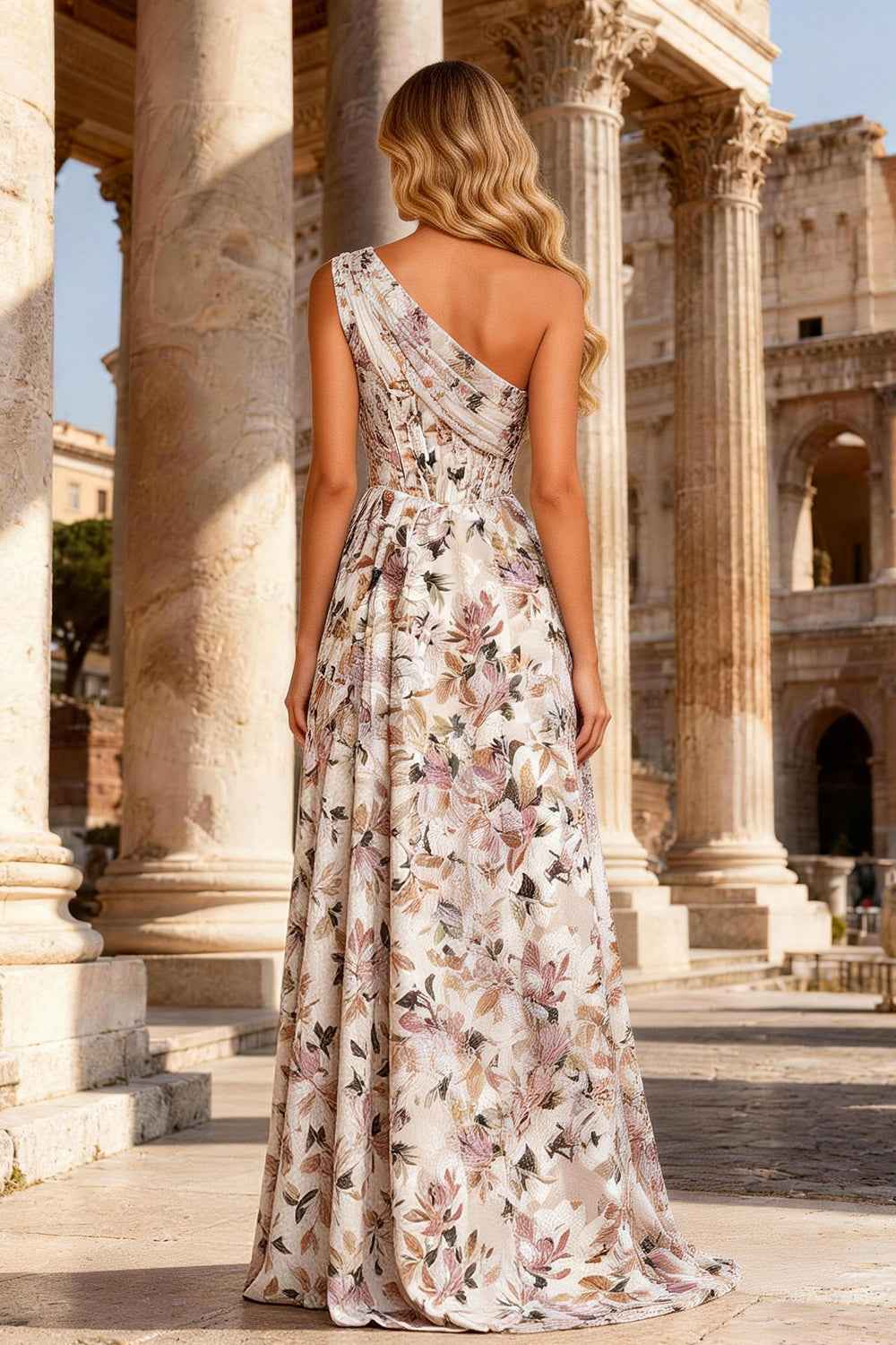 Pink One Shoulder A Line Corset Floral Prom Dress With Slit