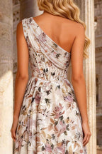 Pink One Shoulder A Line Corset Floral Prom Dress With Slit