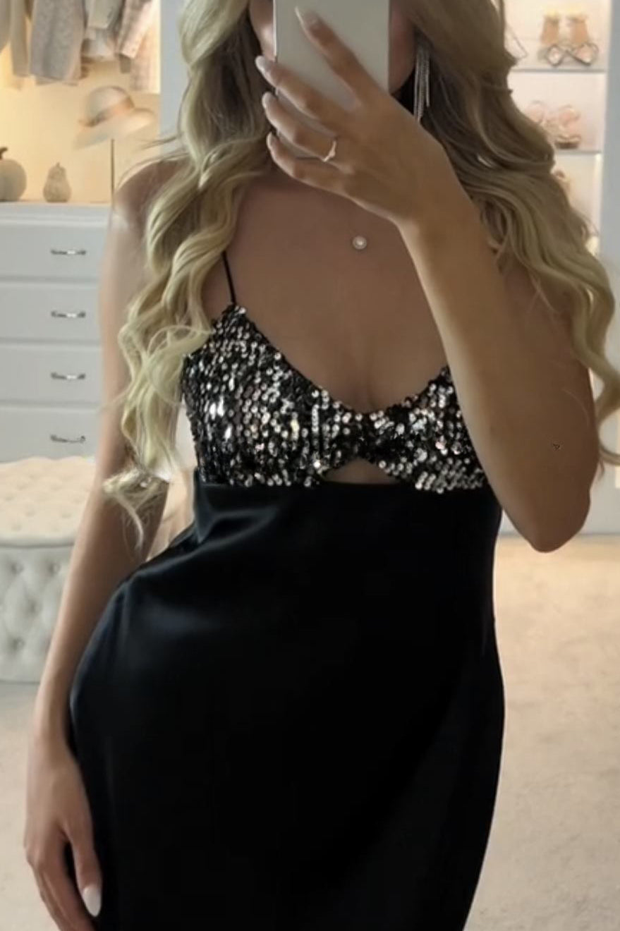 Party on My Mind Sequin Satin Patchwork Slip Stretch Midi Dress