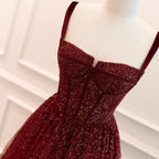 Abito formale da sera bordeaux gotico con spalline sottili, paillettes e perline, abito da ballo in tulle Y7586