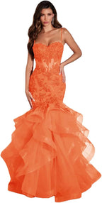 Abiti da sera lunghi da donna in tulle con applicazioni di pizzo, stile sirena, volant e scintillanti per feste formali