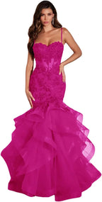 Abiti da sera lunghi da donna in tulle con applicazioni di pizzo, stile sirena, volant e scintillanti per feste formali