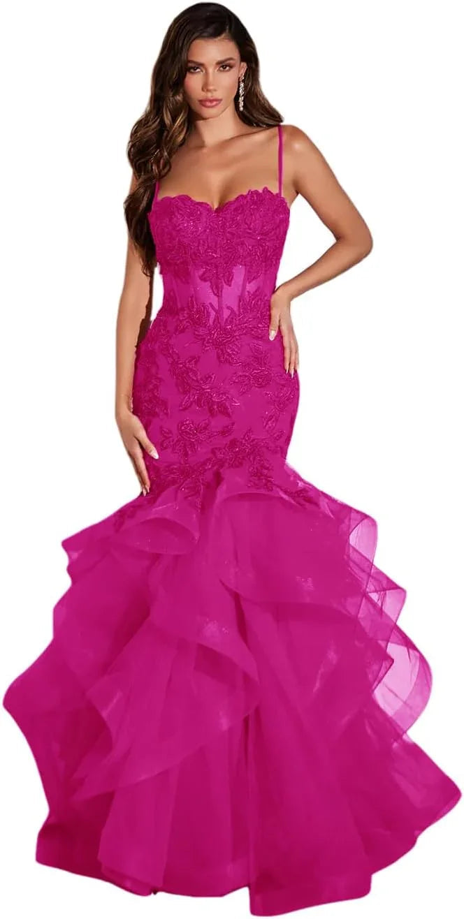 Abiti da sera lunghi da donna in tulle con applicazioni di pizzo, stile sirena, volant e scintillanti per feste formali