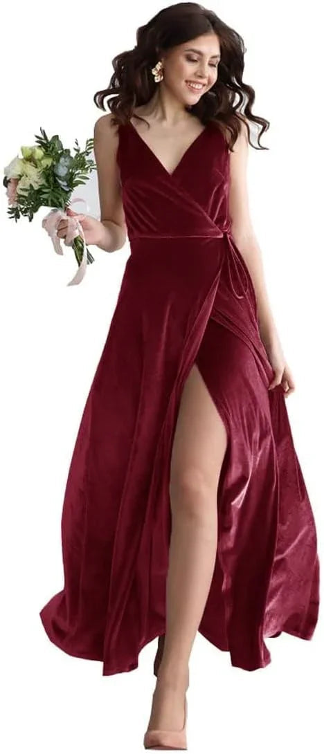 Vestido de Dama de Honra de Veludo com Decote em V, Comprido, para Festa Formal Feminina com Fenda