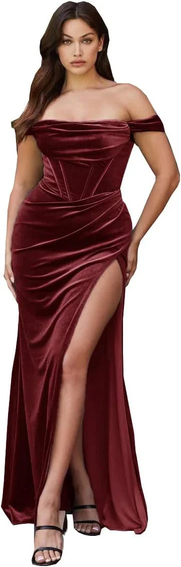Abito da sera lungo da damigella in velluto con spacco a sirena, scollo a barca e senza spalline, abito da festa elegante per donna