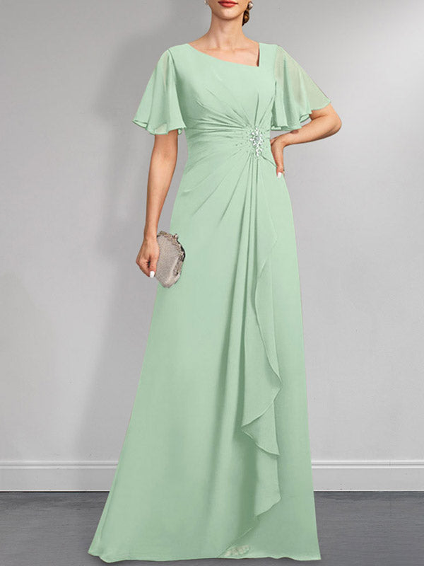 Robe de mère de la mariée en mousseline asymétrique longue jusqu'au sol, coupe en A, ornée de perles plissées et de paillettes