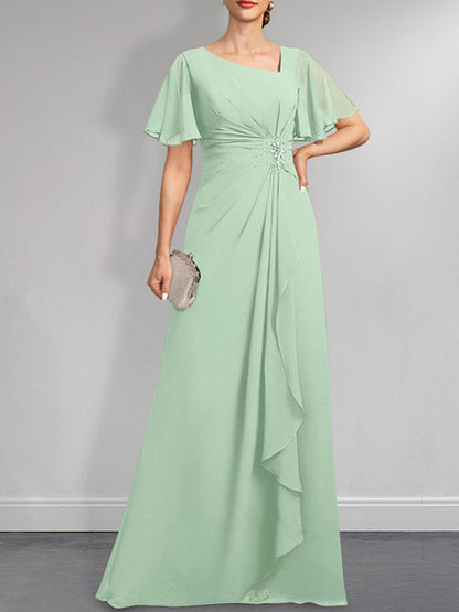 Vestido de gasa para madre de la novia, corte A, asimétrico, largo hasta el suelo, con lentejuelas y cuentas plisadas