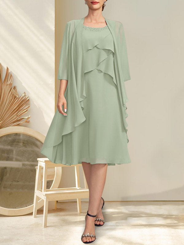 A-Linie U-Ausschnitt Knielang Chiffon Kleid für die Brautmutter mit Perlenbesatz