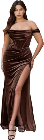Abito da sera lungo da damigella in velluto con spacco a sirena, scollo a barca e senza spalline, abito da festa elegante per donna