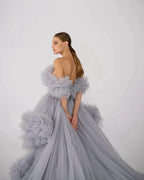 Robe de Tule Ruffles para Sessão Fotográfica de Gravidez Robe Transparente de Ombros Descobertos para Gravidez Vestido de Baile para Chá de Bebé