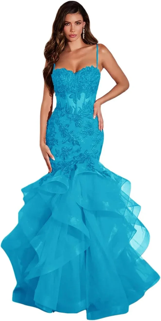 Abiti da sera lunghi da donna in tulle con applicazioni di pizzo, stile sirena, volant e scintillanti per feste formali