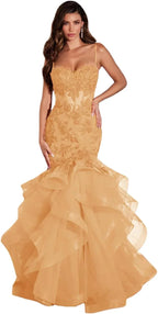 Abiti da sera lunghi da donna in tulle con applicazioni di pizzo, stile sirena, volant e scintillanti per feste formali