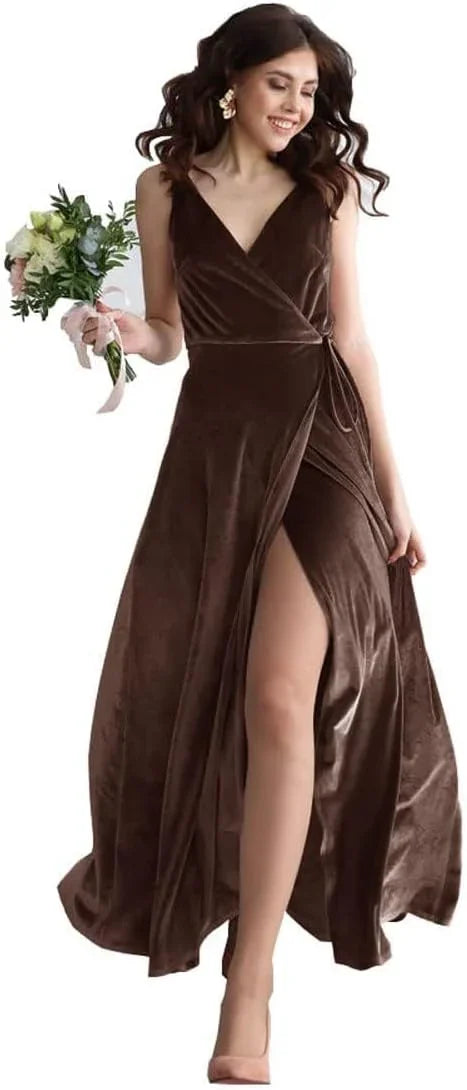 Vestido de Dama de Honra de Veludo com Decote em V, Comprido, para Festa Formal Feminina com Fenda