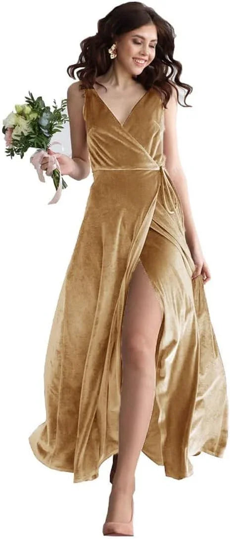 Vestido de Dama de Honra de Veludo com Decote em V, Comprido, para Festa Formal Feminina com Fenda