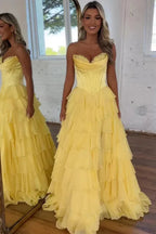 Abito da sera formale lungo a balze in chiffon con spacco, corpetto senza spalline, abito da ballo 2025 per donna