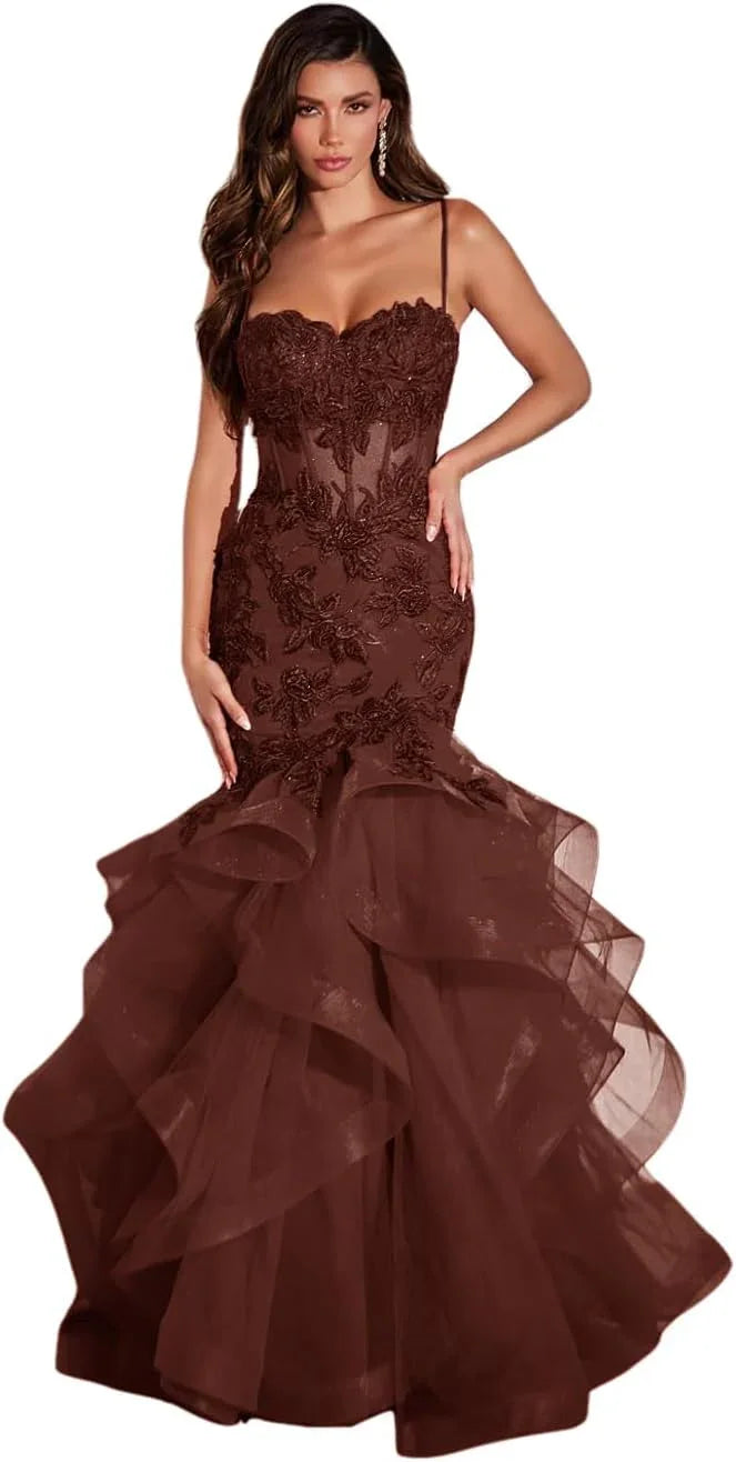 Abiti da sera lunghi da donna in tulle con applicazioni di pizzo, stile sirena, volant e scintillanti per feste formali