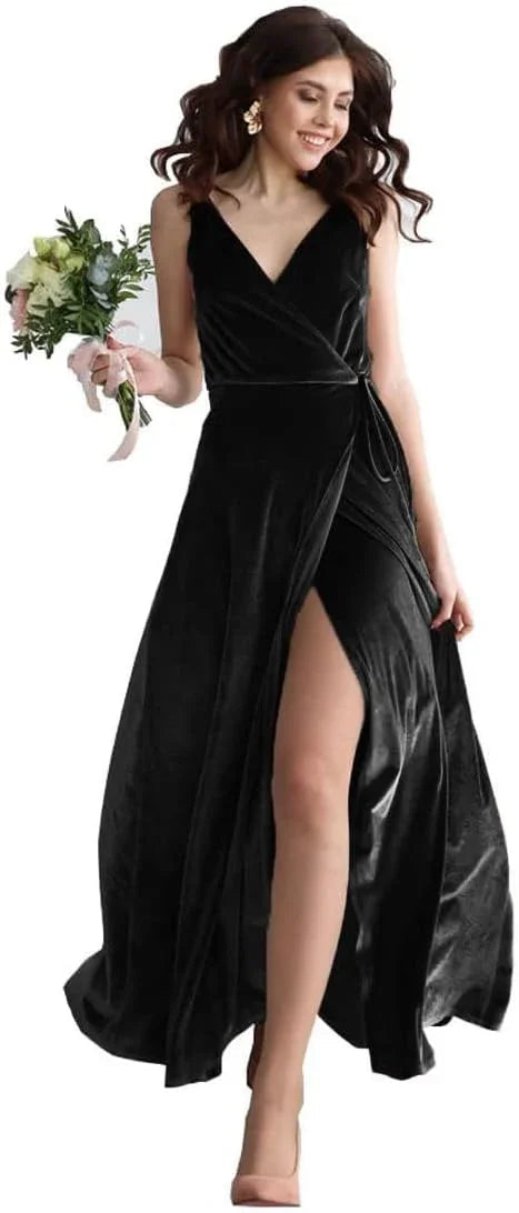 Vestido de Dama de Honra de Veludo com Decote em V, Comprido, para Festa Formal Feminina com Fenda