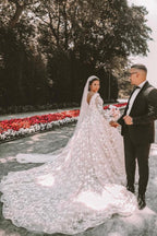 V Neck Long Sleeve Ball Gown Wedding Dress With Applique Lace Beading