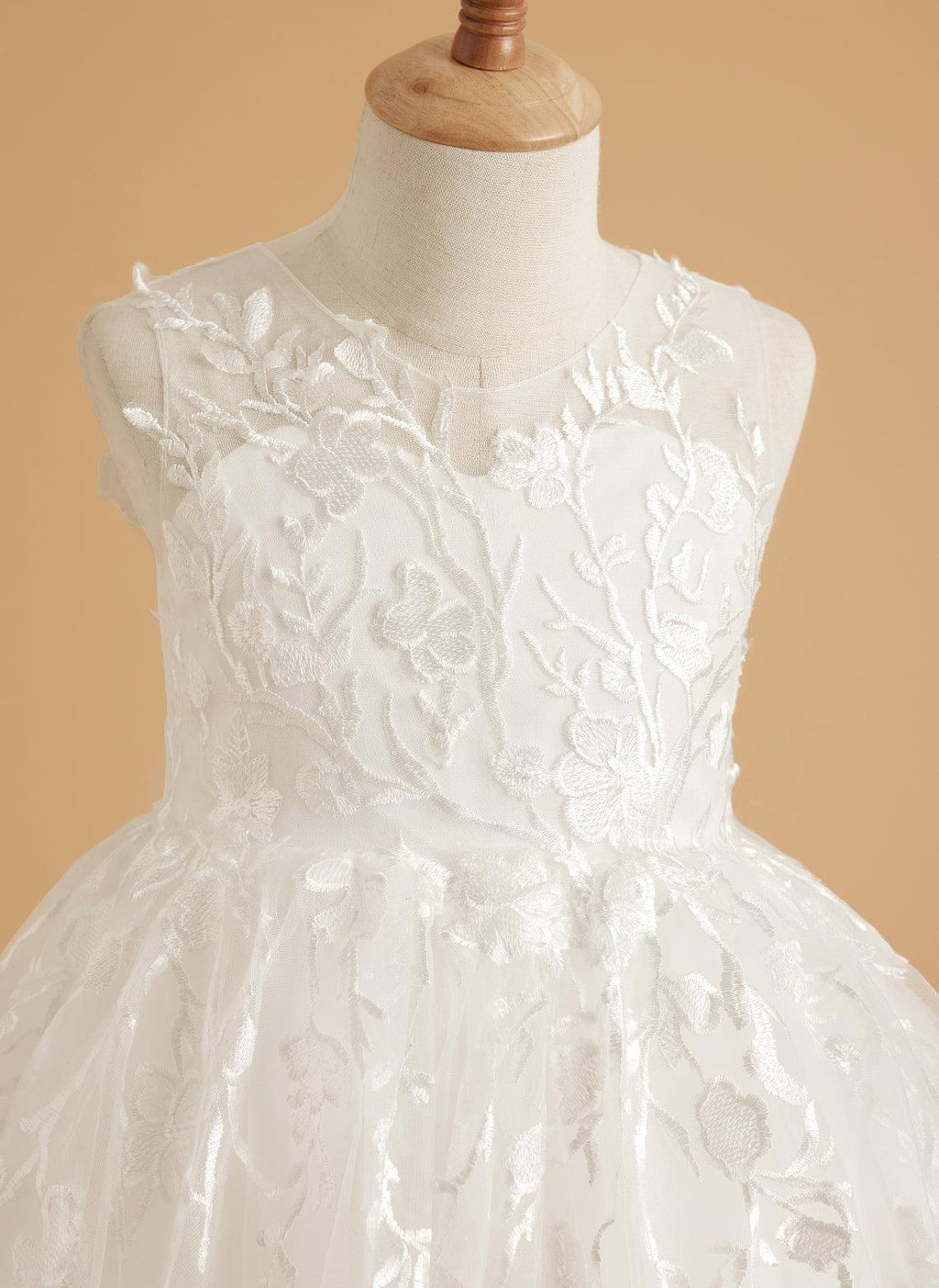 Ivory Lace Flower Girl Dress Tulle Floor Length Sleeveless Gown