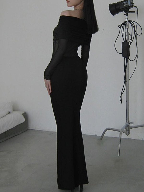 Lange Ärmel, schmal, plissiert, durchsichtig, einfarbig, mit Schlitz, schulterfrei, Abendkleider, Maxikleider 