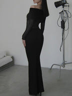 Lange Ärmel, schmal, plissiert, durchsichtig, einfarbig, mit Schlitz, schulterfrei, Abendkleider, Maxikleider 