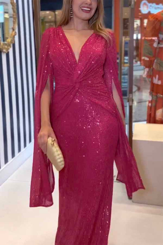 Shine Brighter – Maxi-Abendkleid mit Pailletten und Cape-Ärmeln und überkreuzter Taille 