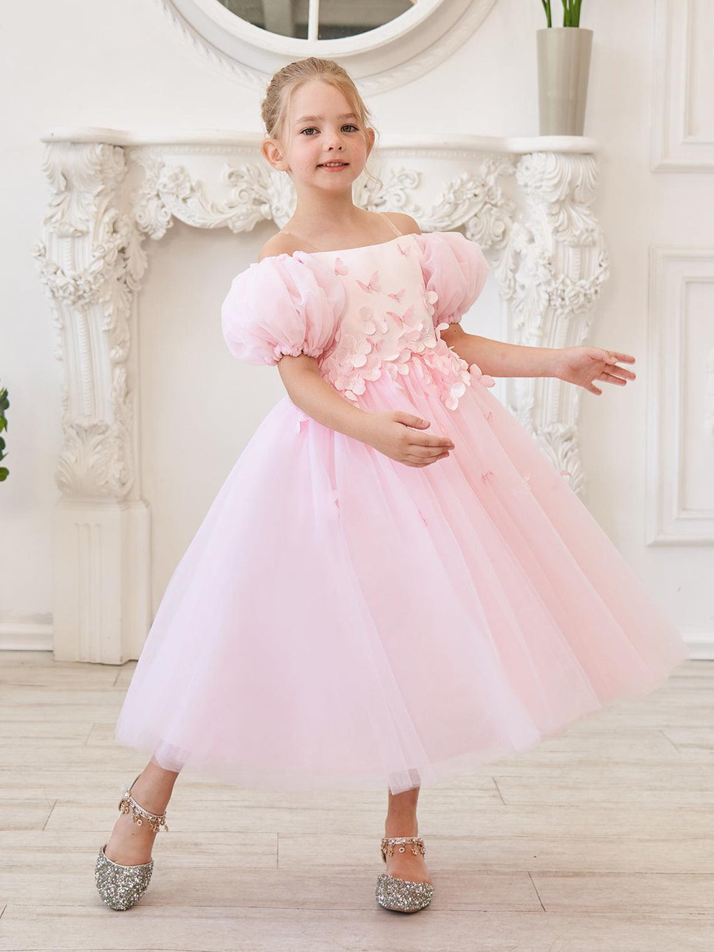 Tulle Tea Length Flower Girl Dress Square Neck Floral Applique Beading