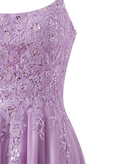 Vestido corto de gasa con corte A para fiesta de bienvenida