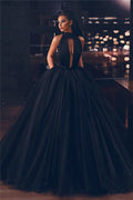 High Neck Black Tulle Prom A Line Ball Gown With Ruffles