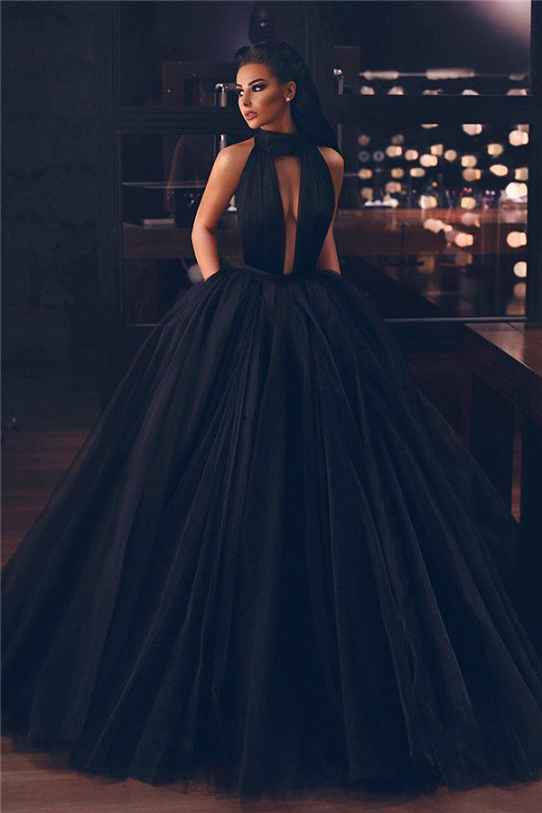 High Neck Black Tulle Prom A Line Ball Gown With Ruffles