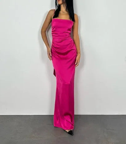Abito lungo da sera aderente rosa acceso, senza schienale, elegante per ballo Y7894