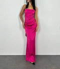Abito lungo da sera aderente rosa acceso, senza schienale, elegante per ballo Y7894