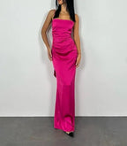 Abito lungo da sera aderente rosa acceso, senza schienale, elegante per ballo Y7894